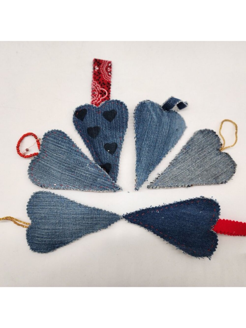 Denim Hanging Heart Ornaments Embellished Buttons Beads Embroidery Handmade - Picture 6 of 6